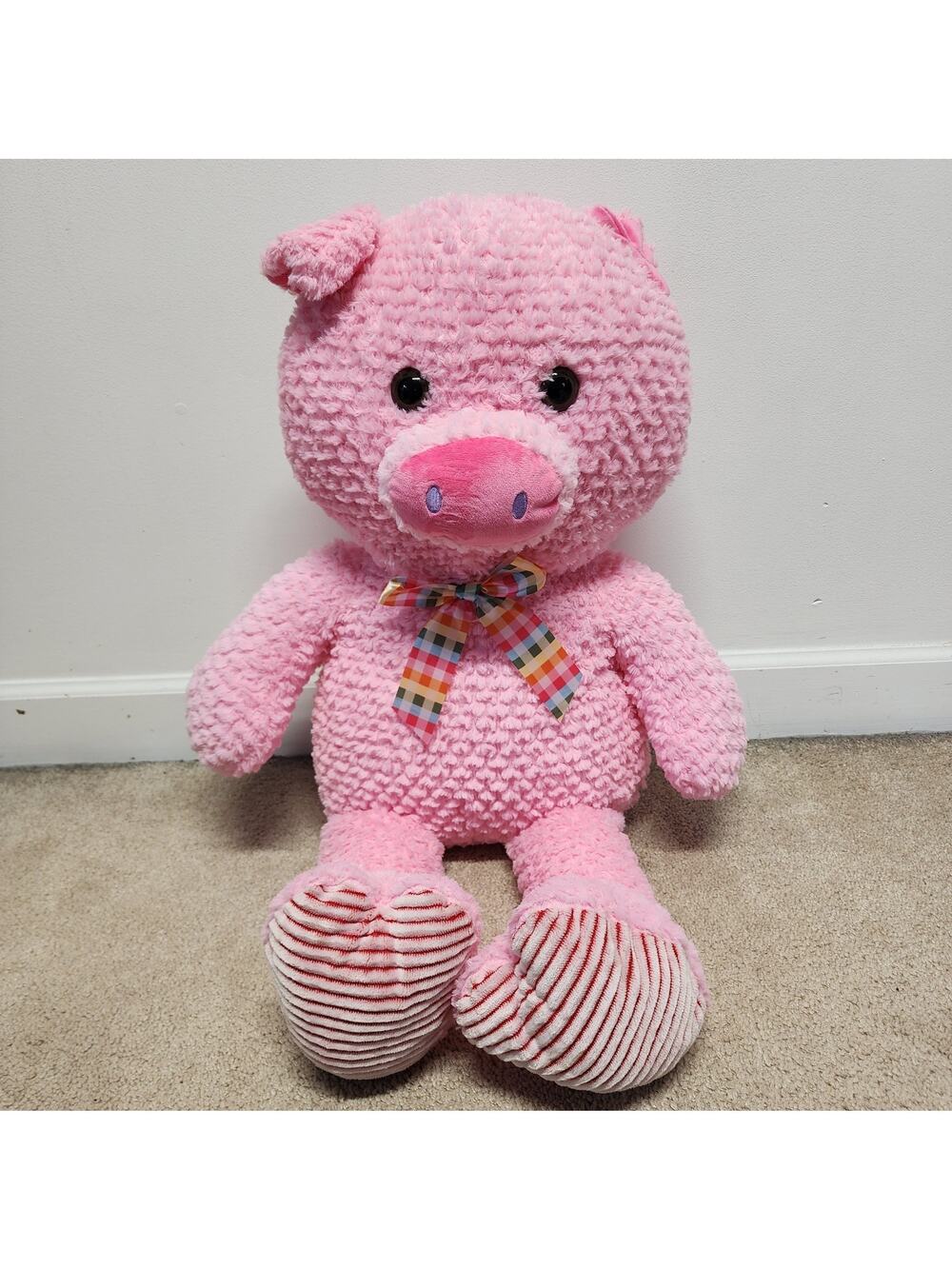 Hug & Luv Jumbo Pink Pig Plush Giant Stuffed Animal Toy 31" Plaid Bow Hard Eyes
